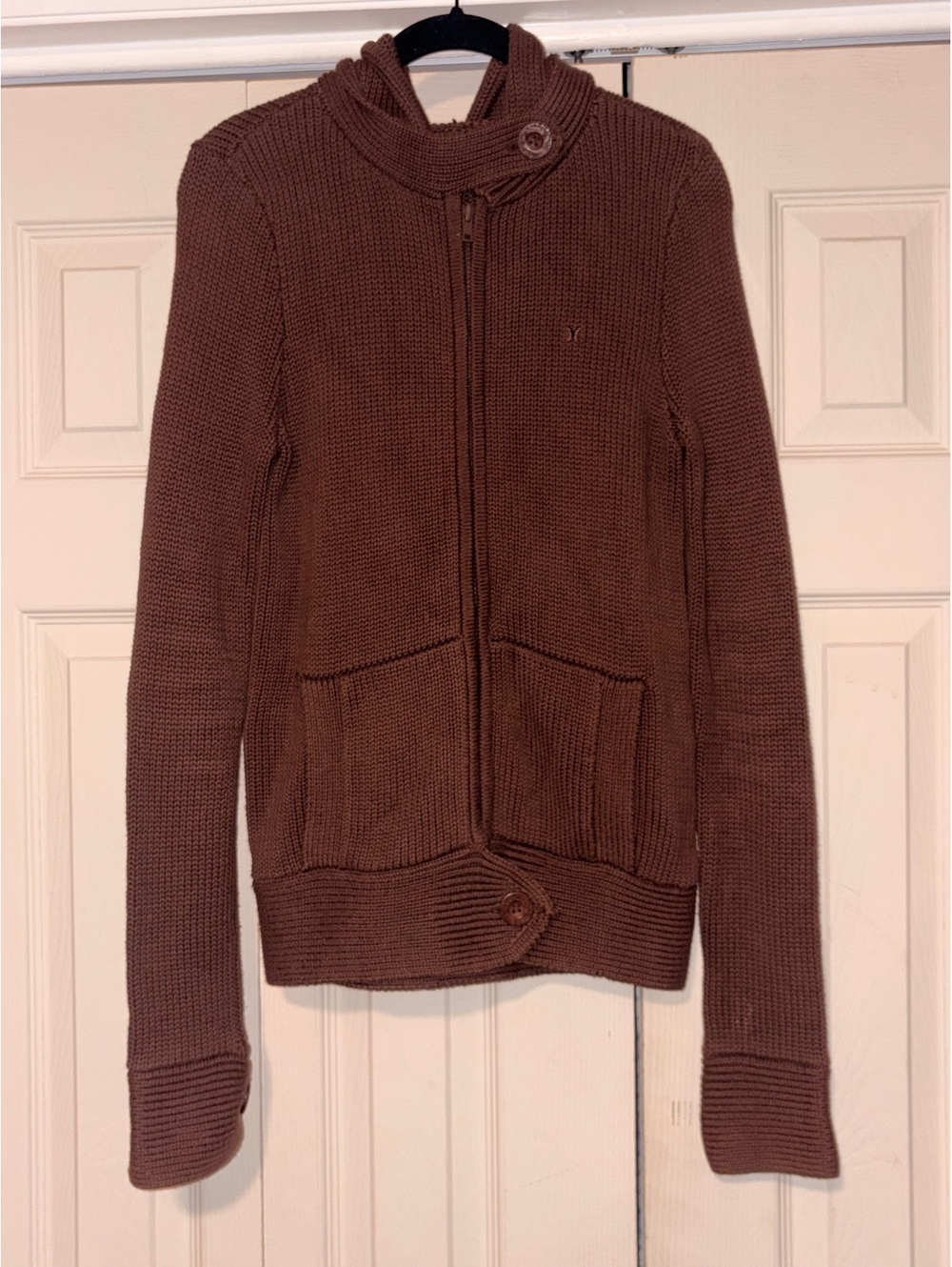 Vintage Hurley Sweater Womens M Brown Chunky Knit Full Zip Hooded Cardigan Y2K